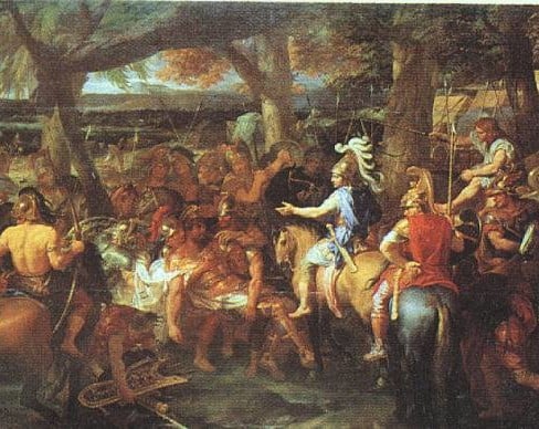 Charles Le Brun, Alexander and Porus (1673), shows Hephaestion, in a red cloak, accompanying Alexander the Great at the Battle of the Hydaspes.