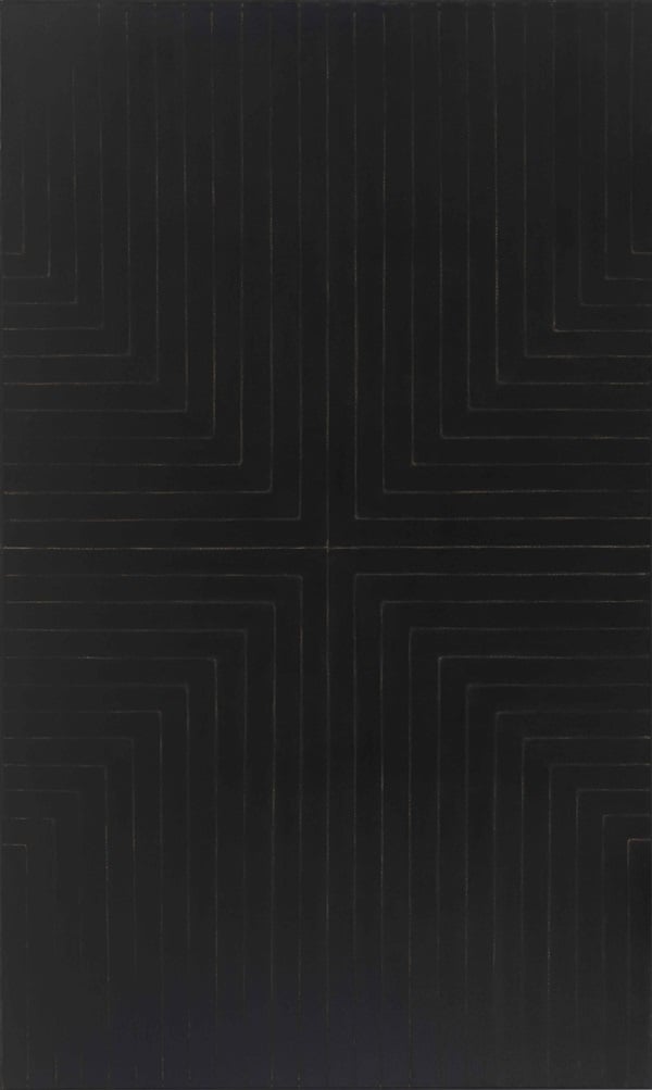 Frank Stella, Die Fahne hoch!, 1959. Enamel on canvas. 121 5/8 x 72 13/16 in. (308.9 x 184.9 cm). Whitney Museum of American Art, New York; gift of Mr. and Mrs. Eugene M. Schwartz and purchase with funds from the John I. H. Baur Purchase Fund, the Charles and Anita Blatt Fund, Peter M. Brant, B. H. Friedman, the Gilman Foundation, Inc., Susan Morse Hilles, The Lauder Foundation, Frances and Sydney Lewis, the Albert A. List Fund, Philip Morris Incorporated, Sandra Payson, Mr. and Mrs. Albrecht Saalfield, Mrs. Percy Uris, Warner Communications Inc., and the National Endowment for the Arts 75.22. © 2015 Frank Stella/Artists Rights Society (ARS), New York. Digital Image © Whitney Museum, N.Y. 