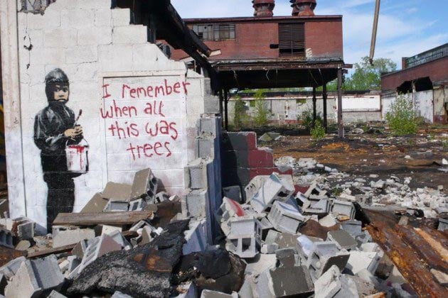 Banksy, I Remember When All This Was Trees (2010), before it was removed from Detroit's derelict Packard plant. Photo: Oxblood Ruffian.