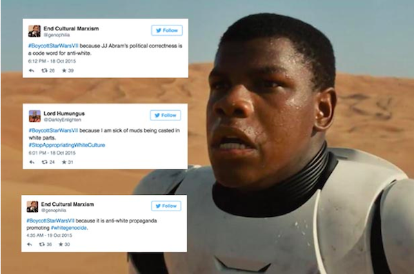 Meme of actor John Boyega in <em>Star Wars</em>, with #BoycottStarWarsVII Tweets<br>