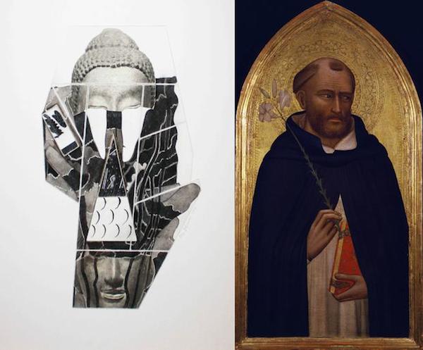 Ray Johnson <i>Buddha's Fingernails</i> (1973)  and Bernardo Daddi <i>Saint Dominic</i> (1342) were on display at Richard Feigen <br> Photo: courtesy Richard Feigen