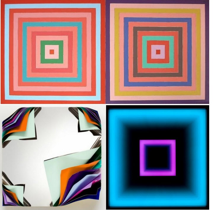 Top: Frank Stella, Double Concentric Squares (1973). Courtesy of Simon Capstick-Dale Fine Art. Bottom Left: Jim Lambie Metal Box (Tahiti), 2014. Bottom Right: Chul Hyun Ahn, Untitled 617 2014. Courtesy of C. Grimaldis Gallery.