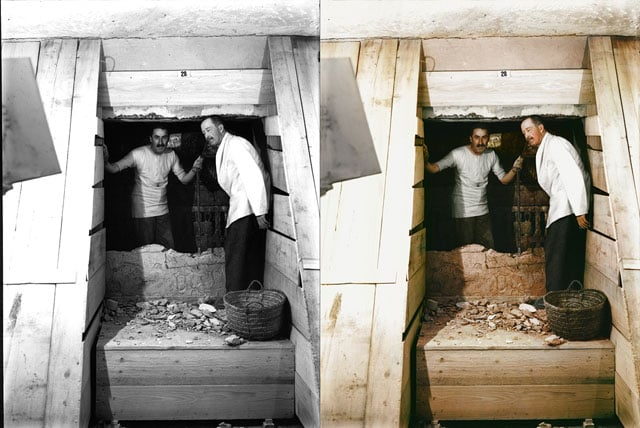 Harry Burton, Howard Carter and Lord Carnarvon, who financed the excavation, pose at the entrance to King Tut's tomb. Photo: courtesy the Griffith Institute, colorization by Dynamichrome.