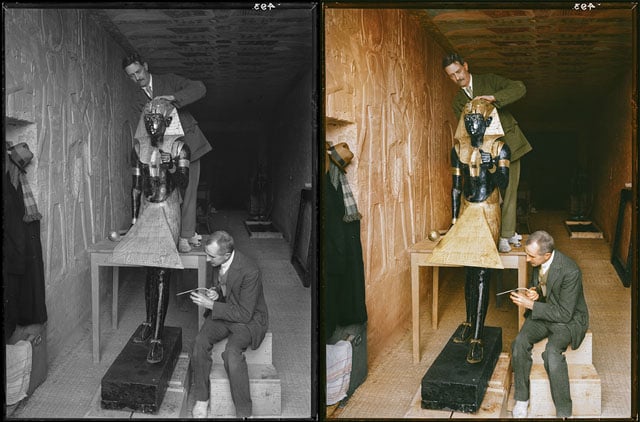 Harry Burton, conservators Arthur Mace and Alfred Lucas clean a statue from King Tut's tomb in a makeshift laboratory in the tomb of Sethos II. Photo: courtesy the Griffith Institute, colorization by Dynamichrome.