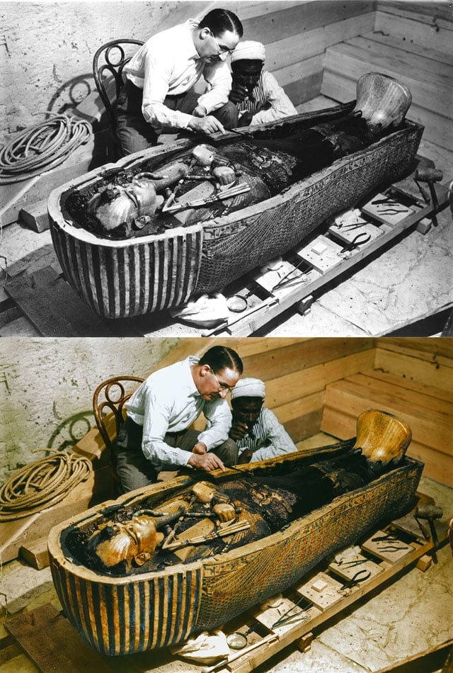Harry Burton, Howard Carter examine King Tut's sarcophagus. Photo: courtesy the Griffith Institute, colorization by Dynamichrome.