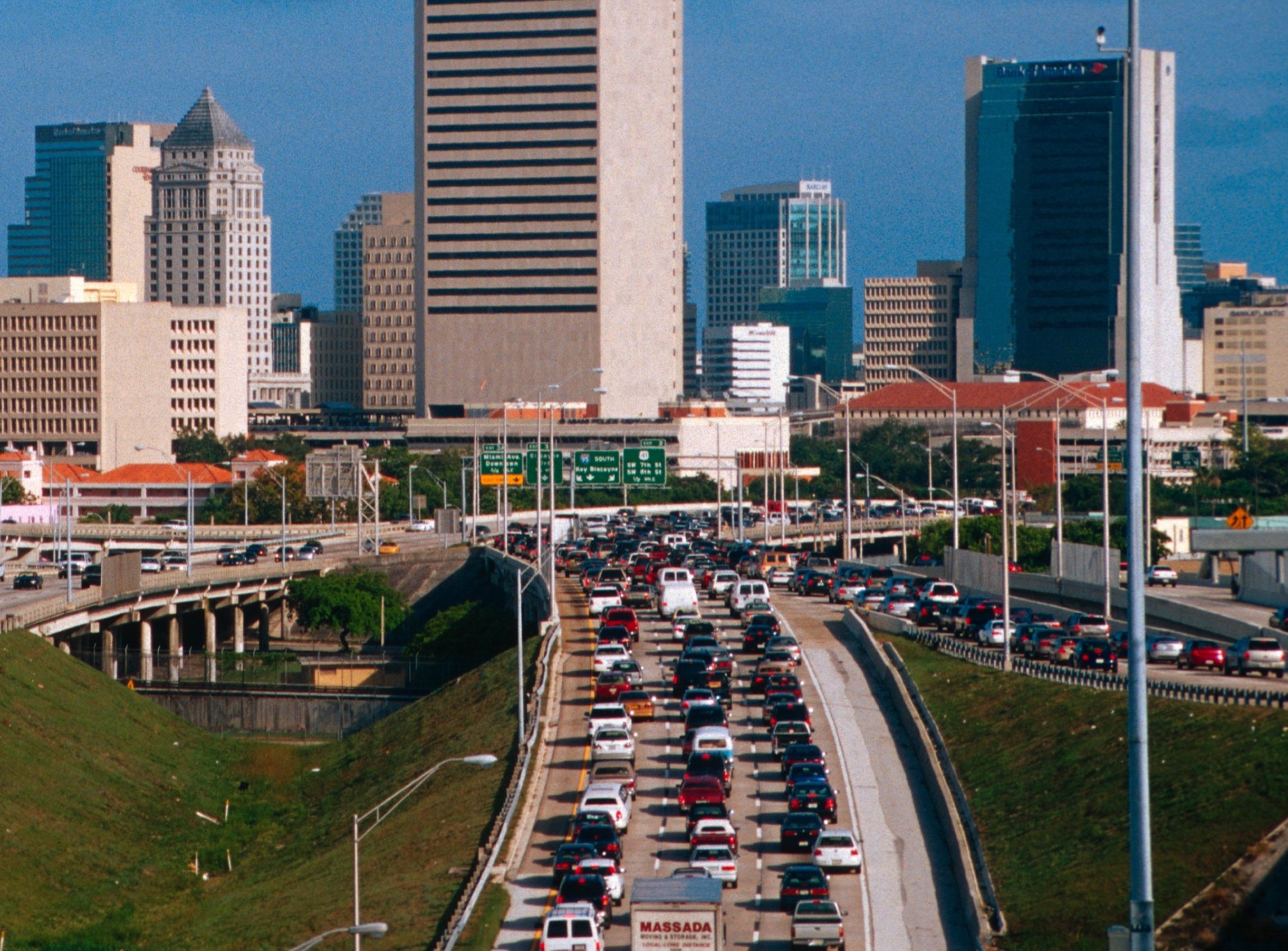 Florida, Miami, Downtown Skyline With Interstate 95 Traffic. Photo by Jeff Greenberg/UIG via Getty Images.