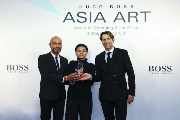Larys Frogier, Maria Taniguchi, and Marc Le Mat at the Hugo Boss Asia Art 2015 award ceremony.<br>Photo: Courtesy Hugo Boss Asia Art.