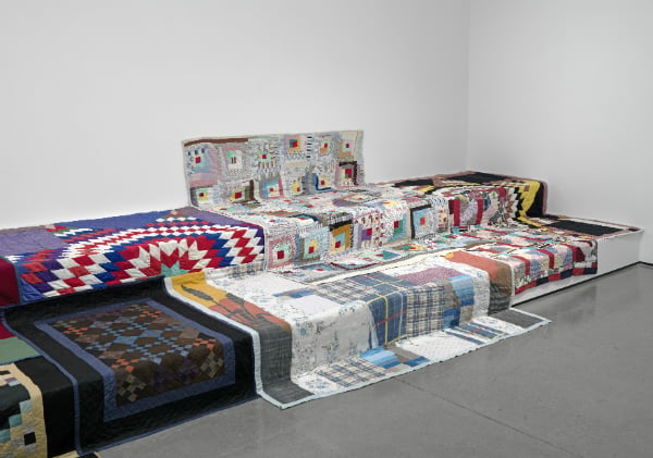 Installation view of Alighiero e Boetti, Mona Hatoum, Rudolf Stingel, Mike Kelley, Mennonite Quilt and Amish Quilts and unknown artist, Deborah Pettway Young, Sterling Ruby, Franz West, Sergej Jensen, Danh Vo, Leola Pettway, Geraldine Westbrook, Katie Mae Pettway and William Morris  in "Losing the Compass" at White Cube Mason's Yard, <br>Photo © White Cube, Stuart Burford