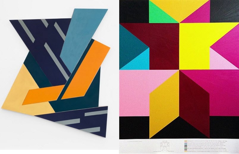Left: Frank Stella, Felsztyn II (1971). Courtesy of Paul Kasmin Gallery. Right: Andrew Kuo, If I Could Re-Do Tuesday 12/25/12 (2012). Courtesy of Marlborough Gallery.