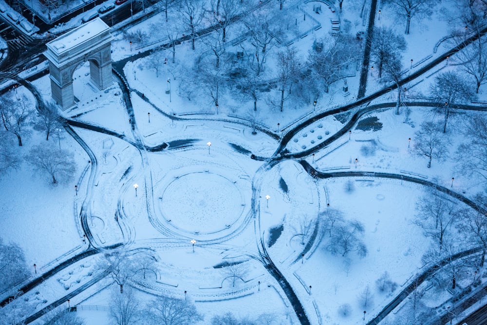 George Steinmetz, "New York Air." Snow covered Washington Square Park in the early morning after a Nor'easter snowfall. Photo: George Steinmetz, courtesy Anastasia Photo.