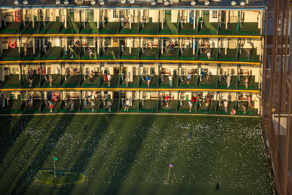 George Steinmetz, "New York Air." The Golf Club driving range at Chelsea Piers in New York City on an spring afternoon. Photo: George Steinmetz, courtesy Anastasia Photo.
