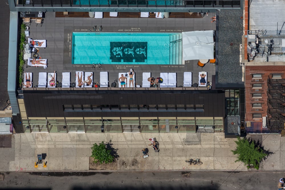 George Steinmetz, "New York Air." The Sixty LES Hotel, at 190 Allen Street, boasts an “Andy Warhol filmstrip pool” on the roof. Photo: George Steinmetz, courtesy Anastasia Photo.