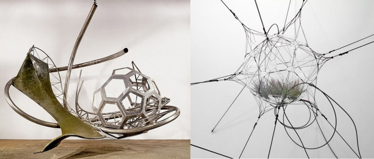 Left: Frank Stella, djaoek (2004). Courtesy of FreedmanArt. Right: Tomas Saraceno , Biosphere 06 (2009). Courtesy of Tanya Bonakdar Gallery.