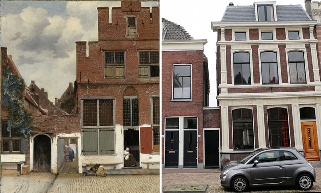A composite view of Jan Vermeer's The Little Street and the corresponding site in modern-day Delft, created by the Rijksmuseum, Amsterdam.