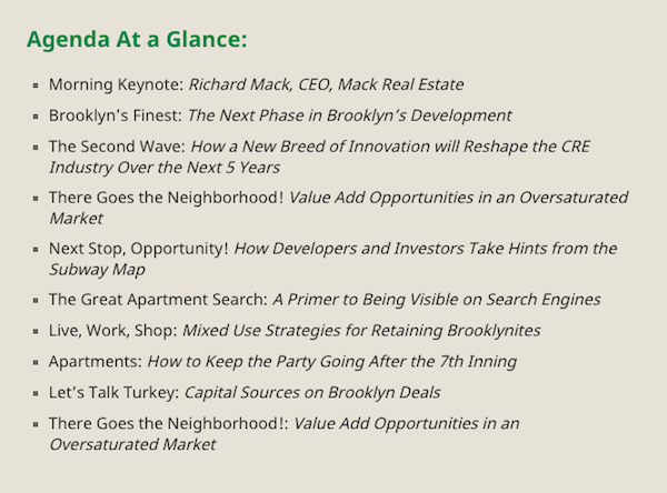 Screen capture of the Brooklyn Real Estate Summit conference agenda<Br>Image: via conference website
