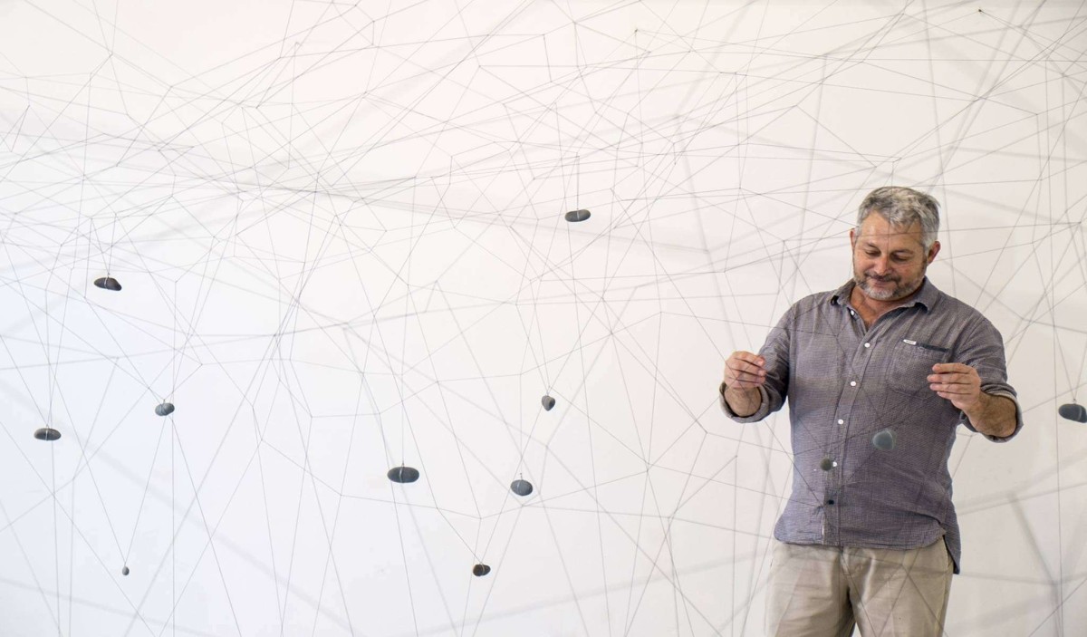 Gustavo Pérez Monzón with his installation <em>Vilos</em>, (1981/2015). Photo: Pericles Lavat, courtesy of CIFO Cisneros Fontanals Art Foundation.