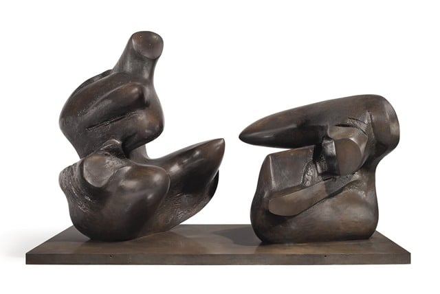 Henry Moore, Two Piece Reclining Figure: Points, conceived in 1969-1970 and cast before 1973, bronze with dark brown patina, 92 by 144 1/8 by 72 inches. Photo courtesy Christie’s.