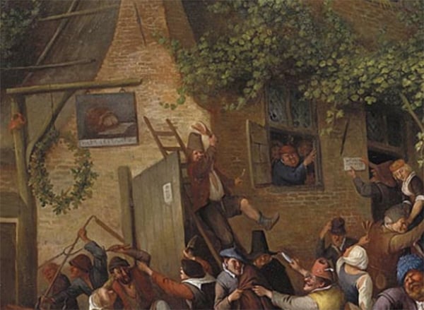 Jan Steen, <em>A Village Revel</em> (detail with offending tavern sign once censored by restorers and now returned to its original state), 1673. Photo: Royal Collection Trust/© Her Majesty Queen Elizabeth II 2015.