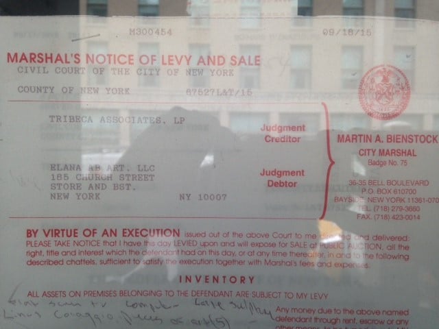 The marshal's notice of levy and sale in the window of Elena Ab Gallery. Photo: Hiromi Kikkawa.