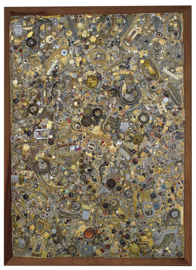 Mike Kelley, Memory ware flat #24 (2001), paper pulp, tile grout, acrylic, miscellaneous beads, buttons and jewelry on panel. <br>Courtesy Christie’s New York. 