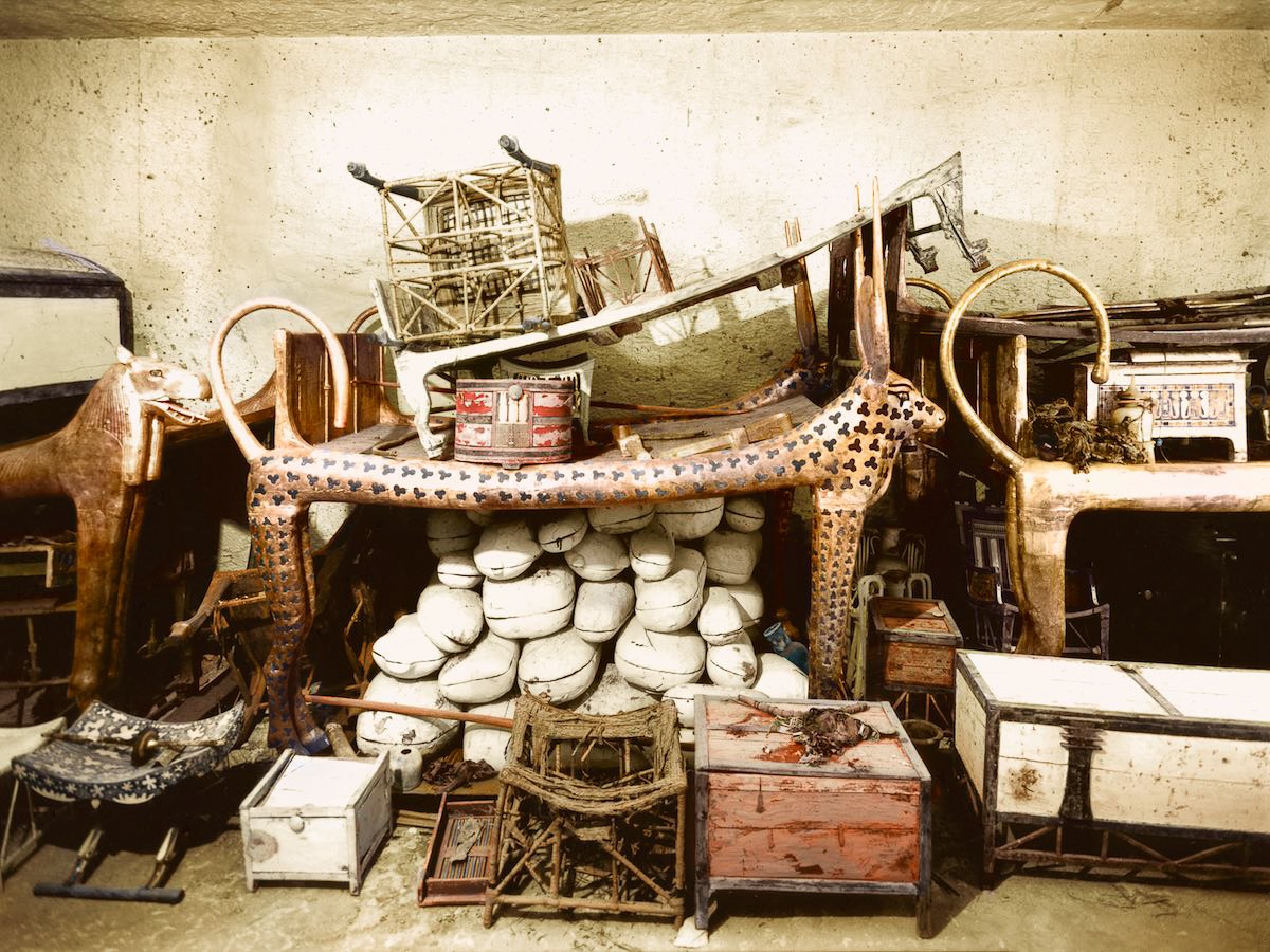 Harry Burton, artifacts from the antechamber to King Tut's tomb. Photo: courtesy the Griffith Institute, colorization by Dynamichrome.