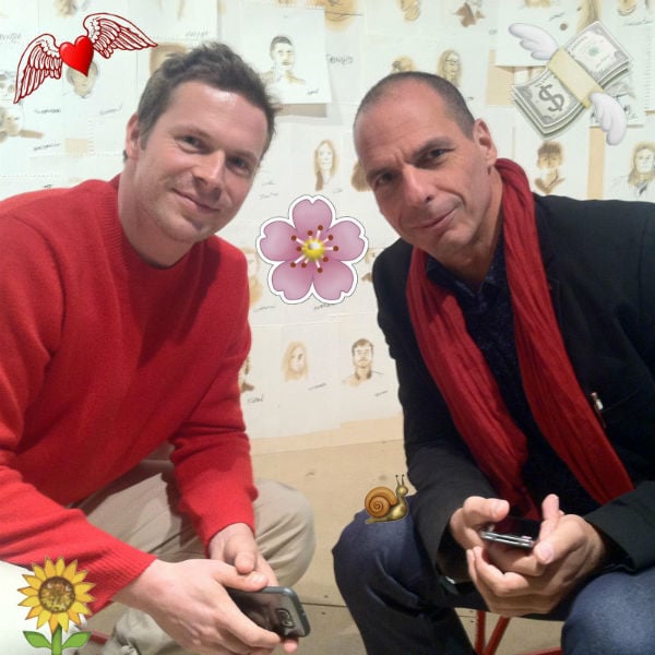 <em>Spike</em> magazine's Leon Kahane, with Yanis Varoufakis
