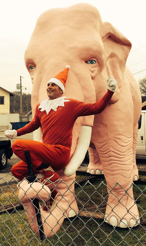 Pat Waterkotte as the Creepy Elf with the Pink Elephant from the now shuttered Pink Elephant Batting Cage & Mini Golf in Fenton, Missouri. Photo: Dawn Boly.