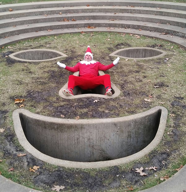Pat Waterkotte as the Creepy Elf with Vito Acconci's Face of the Earth #3 in Laumeier Park, St. Louis. Photo: Dawn Boly.