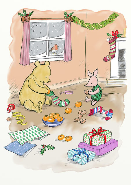 Winnie-the-Pooh and stuff stockings with satsumas and nuts in this illustration after E.H. Shepard by Mark Burgess. Photo: Mark Burgess, © Disney.