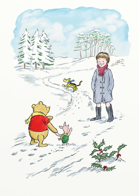 Winnie-the-Pooh and friends go on a Christmas walk in this illustration after E.H. Shepard by Mark Burgess. Photo: Mark Burgess, © Disney.
