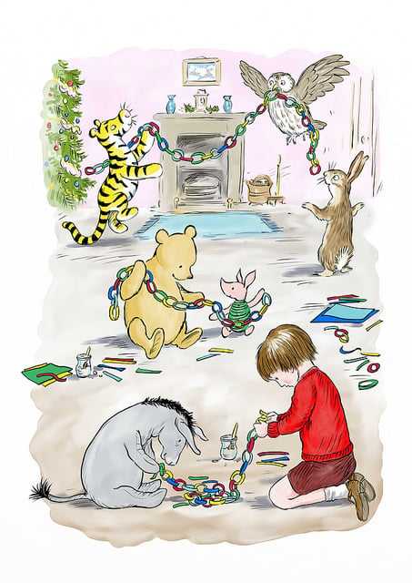 Winnie-the-Pooh and friends make paper chains in this illustration after E.H. Shepard by Mark Burgess. Photo: Mark Burgess, © Disney.