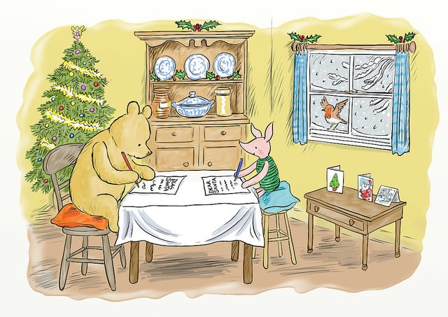 Winnie-the-Pooh and Piglet write letters to Father Christmas in this illustration after E.H. Shepard by Mark Burgess. Photo: Mark Burgess, © Disney.