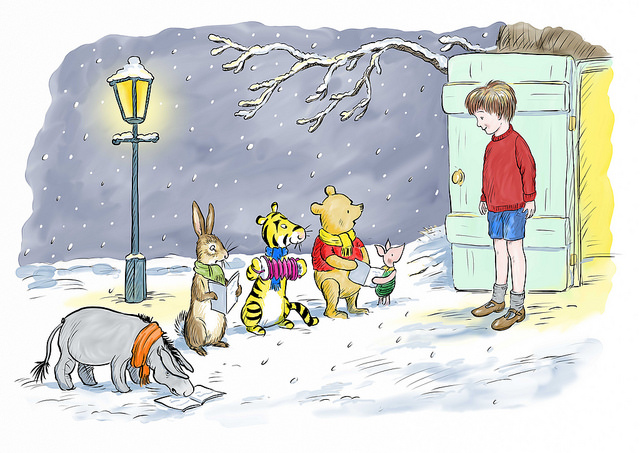 Winnie-the-Pooh and friends hang stockings in this illustration after E.H. Shepard by Mark Burgess. Photo: Mark Burgess, © Disney.