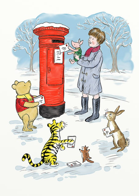 Winnie-the-Pooh and friends send Christmas cards in this illustration after E.H. Shepard by Mark Burgess. Photo: Mark Burgess, © Disney.
