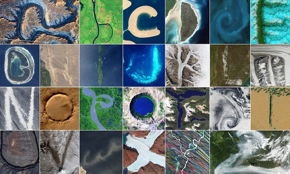 Adam Voiland's space alphabet, based on NASA satellite imagery and photographs taken by NASA astronauts. Photo: courtesy NASA.