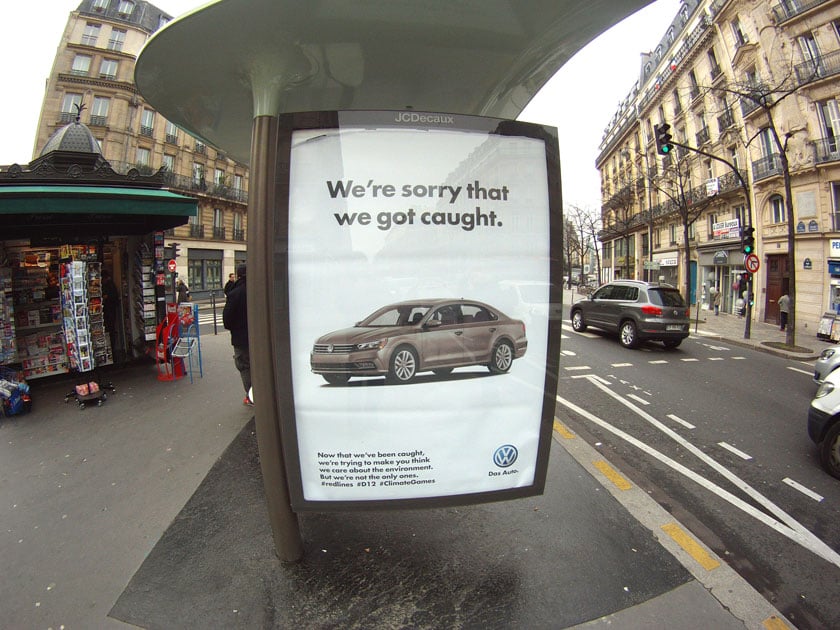 Barnbrook's fake ad for the Paris Climate Summit<br>Image: Courtesy Brandalism
