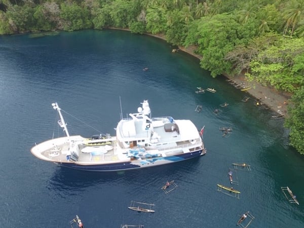 The TBA21 research vessel Dardanella anchored at Dina's beach, Milne Bay, Papua New Guinea.<br /> Photo: Courtesy TBA21.