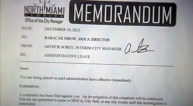 The letter informing MOCA North Miami director Babacar M'Bow of the allegations against him. Photo: via Local 10.
