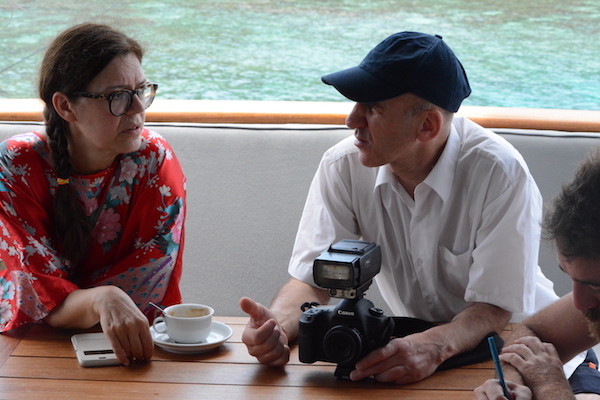 Expedition leader Ute Meta Bauer and artist/filmmaker Armin Linke in conversation.<br /> Photo: Jegan-Vincent de Paul Courtesy TBA21.