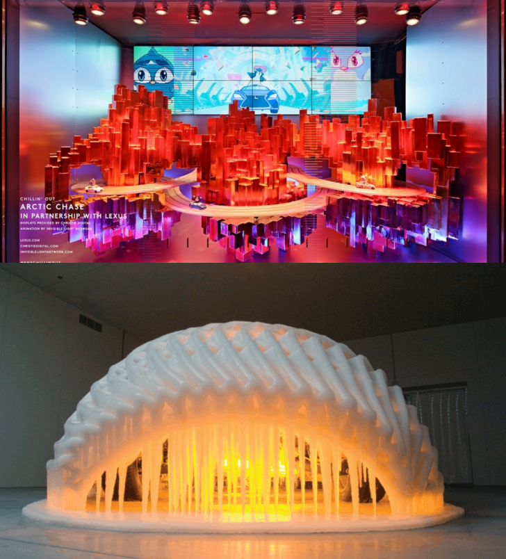 Top image: Barneys holiday 2015 window display, by the Barneys visual team, Lexus, Invisible Light Network, and Christie THREE SIXTY. Courtesy of Barneys. Bottom image: Olafur Eliasson, Your mobile expectations: BMW H2R project (2005–07). Courtesy of Sculpture.org.