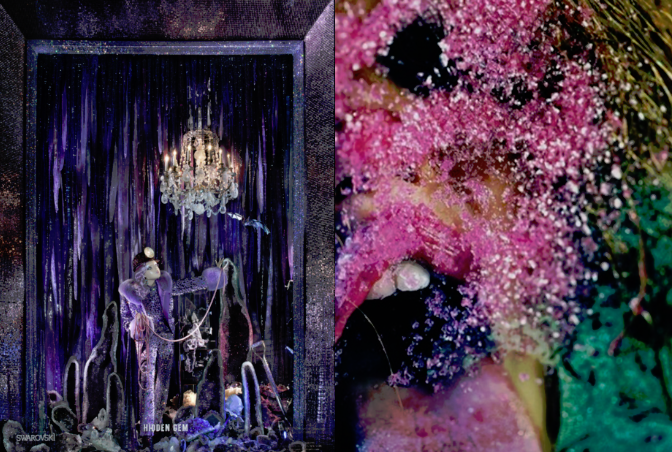 Left image: Bergdof Goodman holiday 2015 window display. Courtesy of Bergdorf Goodman. Right image: Marilyn Minter, Pink Snow (2009). Courtesy of Phillips.