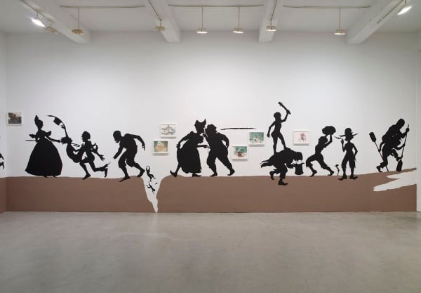 Kara Walker, <em>The Nigger Huck Finn Pursues Happiness Beyond the Narrow Constraints of your Overdetermined Thesis on Freedom–Drawn and Quartered by Mister Kara Walkerberry, with Condolences to the Authors </em>(2010). Photo: courtesy the ICA, Boston. 