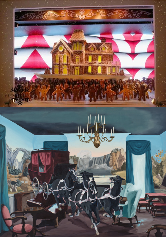 Top image: Lord & Talyor holiday 2015 window display. Photo by Astrid Stawiarz and Cindy Ord. Courtesy of Getty Images. Bottom image: Melora Kuhn, Stagecoach (2013). Courtesy of Galerie EIGEN + ART.