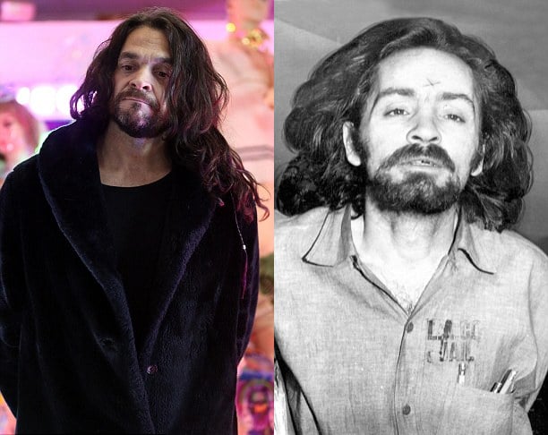 Matthew Roberts performing as his biological father, Charles Manson, in The Retrial of Charles Manson, as compared to an archival photo of Manson. Photo: Mark Kreusch, courtesy Splash News.
