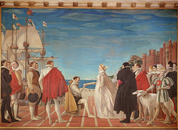 Queen Elizabeth and Sir Walter Raleigh, detail from the series in St. Stephen's Hall (mural) by Lawrence, Alfred Kingsley at the Houses of Parliament, Westminster, London. Photo: ©Alfred Kingsley Lawrence.