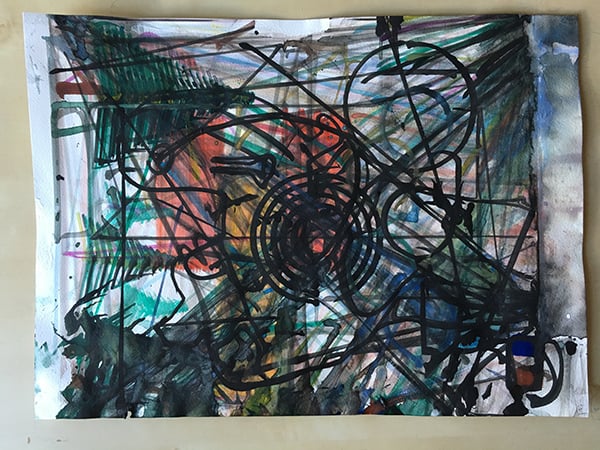 The first painting created by Twitch users with the Instapainting robot. Through the use of scripts, Twitch users were able to create recognizable objects. Photo: courtesy Instapainting. 