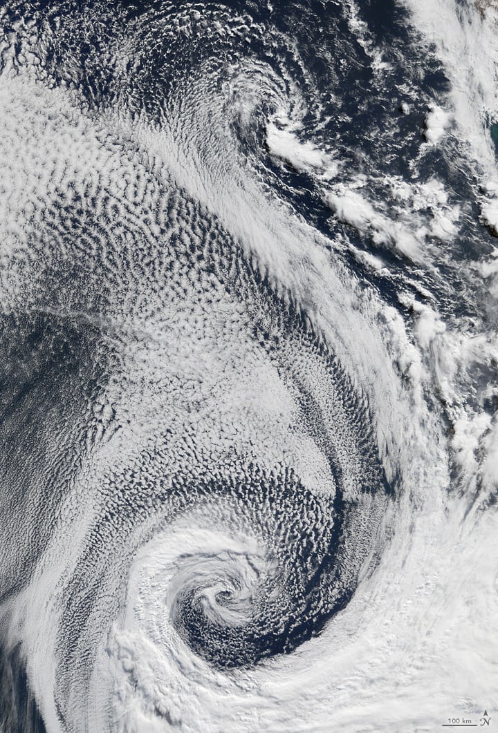 What begins with S? Swirling stratocumulus sliding over salty Atlantic seas! Stratovolcanoes, sulfates, and sunglint. Satellites and spectrometers. On April 29, 2009, the Moderate Resolution Imaging Spectroradiometer (MODIS) on the Terra satellite acquired this image of clouds swirling over the Atlantic Ocean. Photo: courtesy NASA, caption by Adam Voiland.