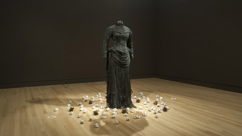 View of site specific installation Worn: Shaping Black Feminine Identity by Karin Jones in the Wilson Canadian Heritage Exhibition Room.Image: Courtesy of ROM.