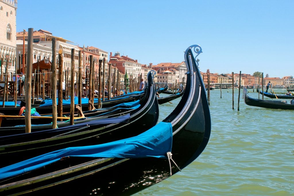 Gondolas in Venice. Photo by Boss Tweed, Creative Commons Attribution-Share Alike 2.0 Generic license.