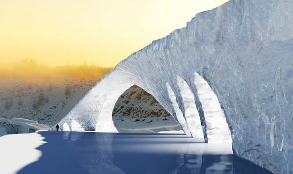 Rendering of Bridge in Ice, the ice bridge inspired by desing by Leonardo Da Vinci.<br>Photo via: MNN.